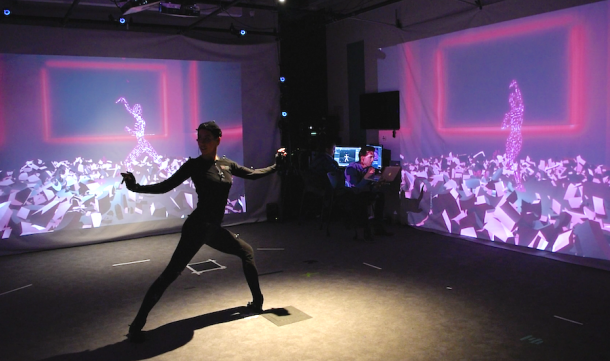 A dancer in Vessel reacts to real-time text messages from the audience