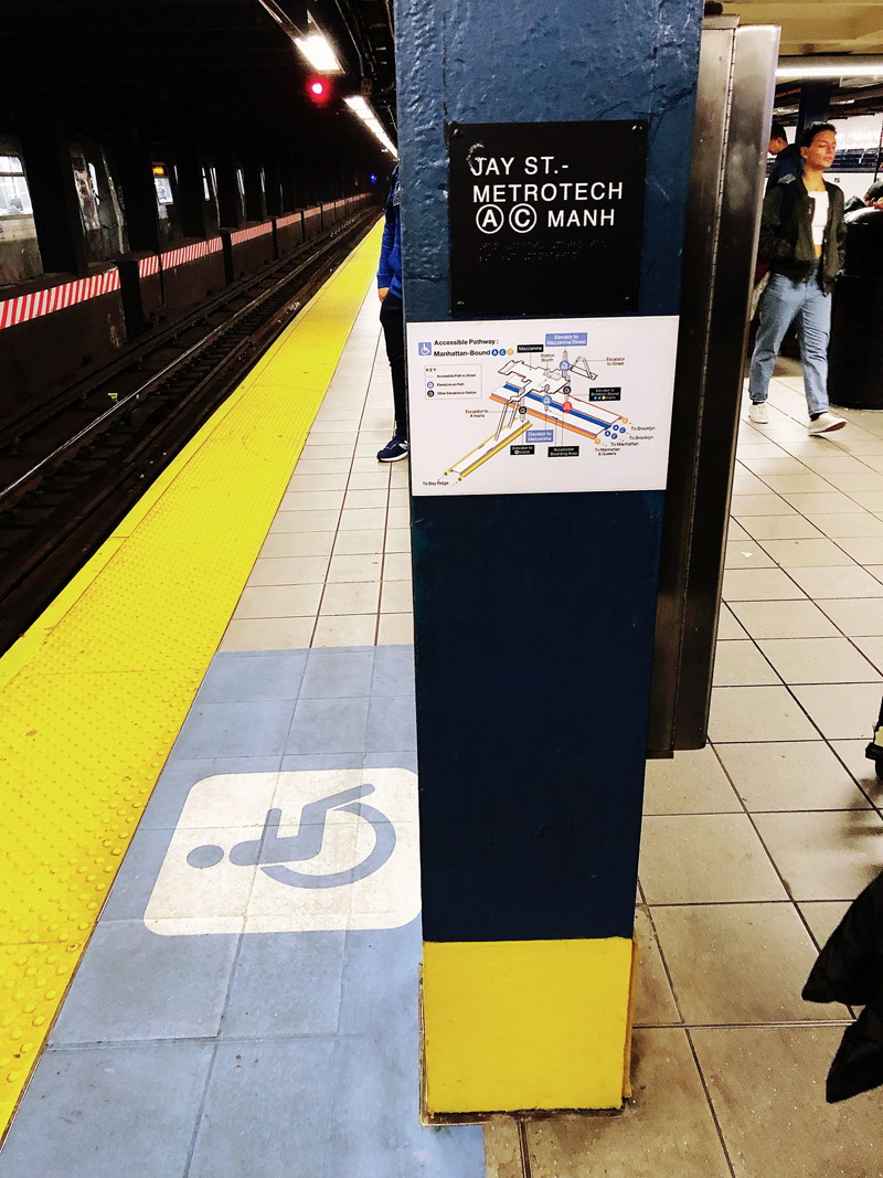 A wheelchair accessible pathway map in a NYC subway station