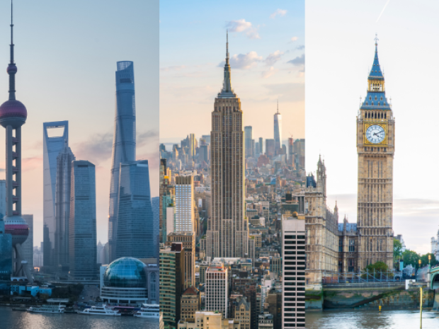 three slices of city skyline: Shanghai, NYC, and London