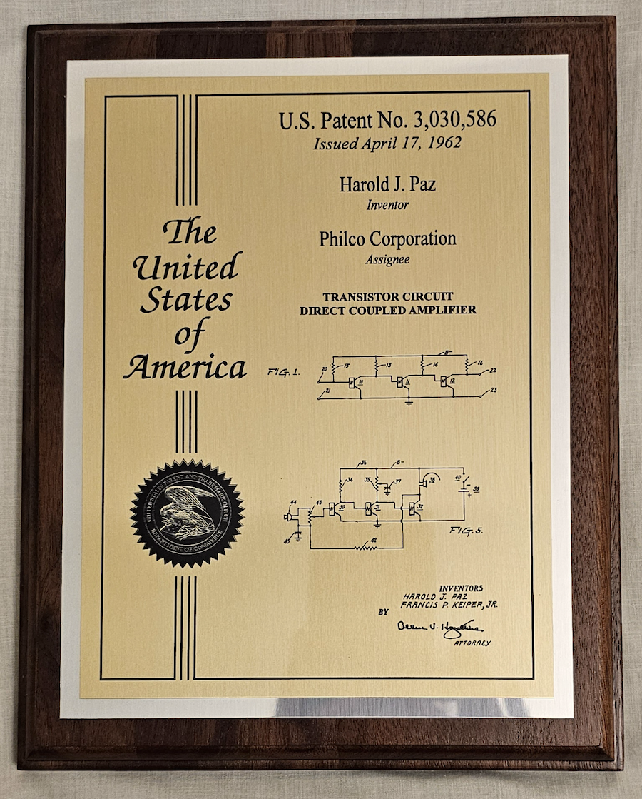 A plaque of Patent 3,030,586, issued April 17 1962 for the Transistor Circuit Direct Coupled Amplifier